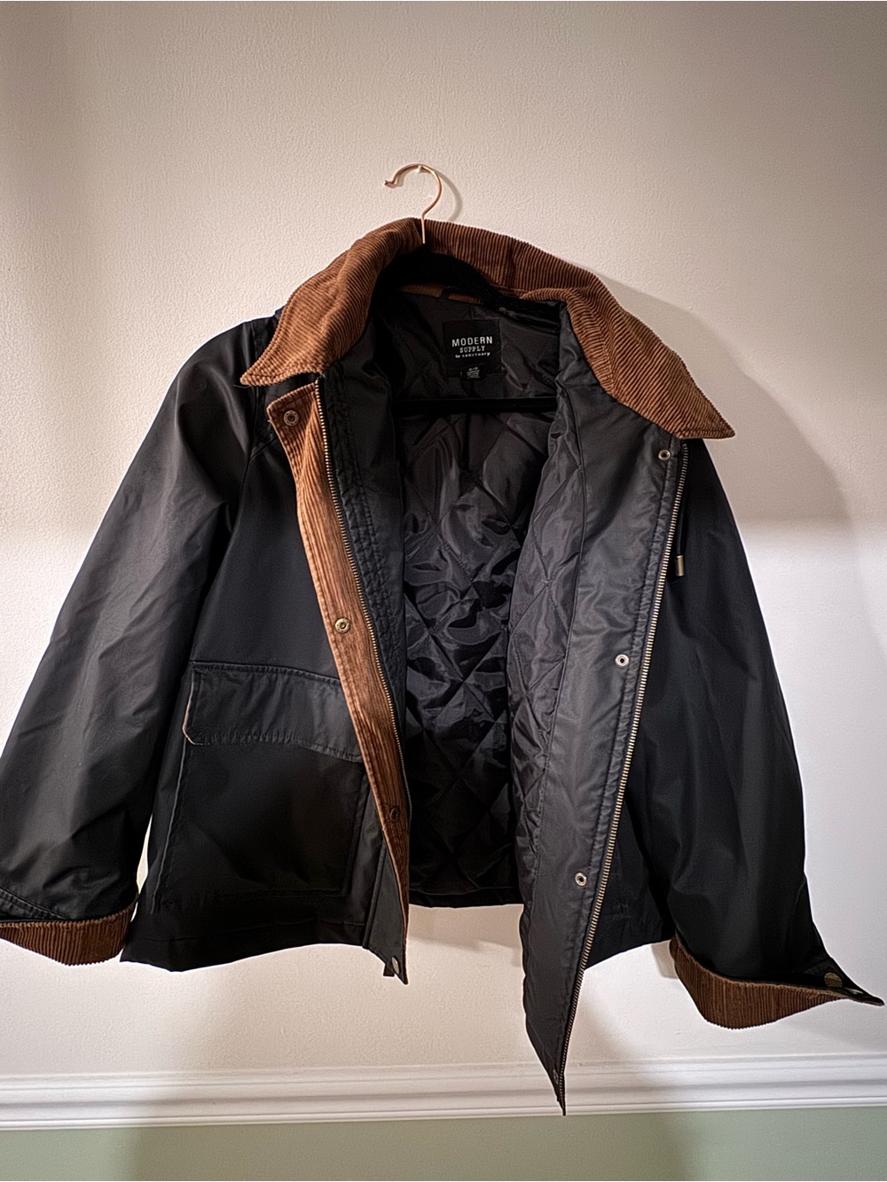 Modern Utility Black Jacket with Brown Corduroy Trim